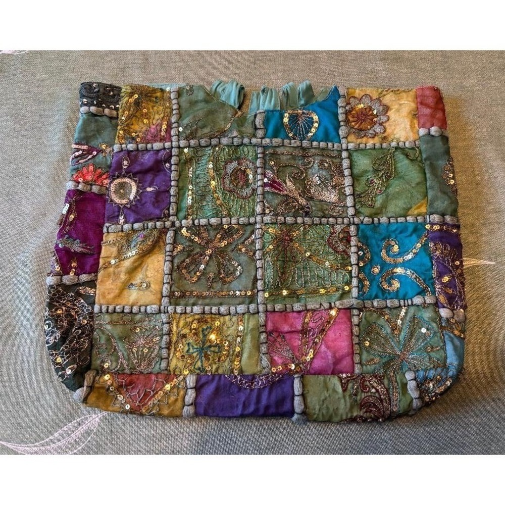 World Market Bohemian Patchwork Embroidered Sequin Tote Bag Multicolored Boho